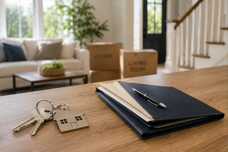 Keys and a binder on a table