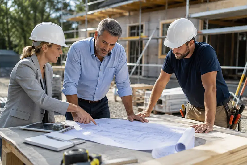 A house being built and people looking at plans
