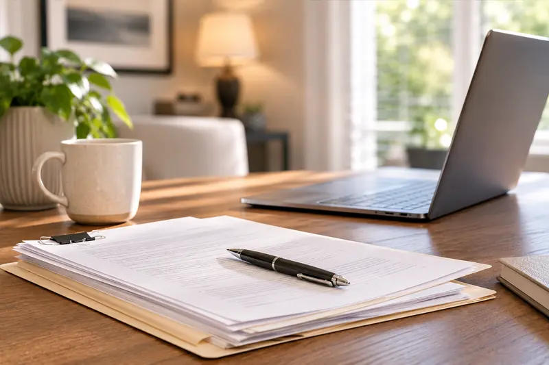 A laptop and documents
