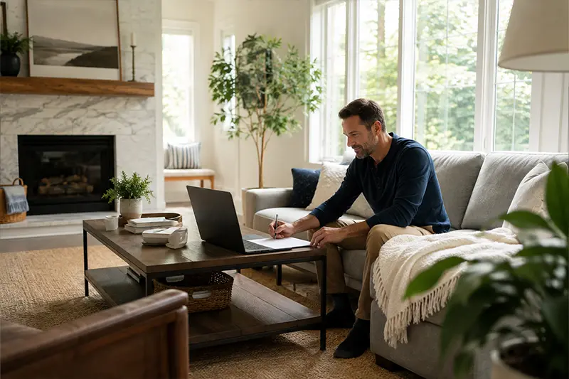 A man on a laptop on his couch