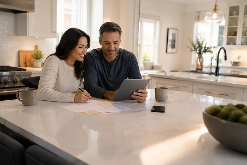 A man and woman at a table with a tablet