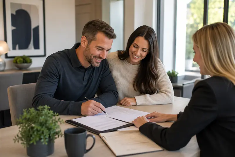 A man and woman signing papers