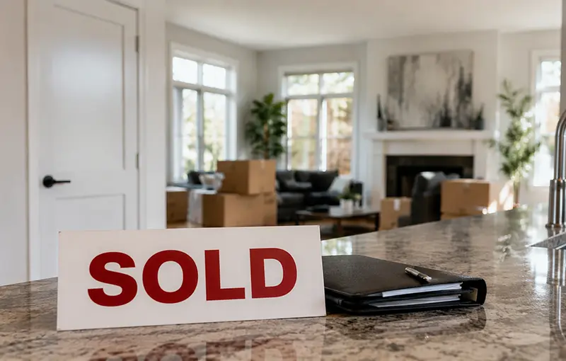 A home interior with a sold sign on the counter